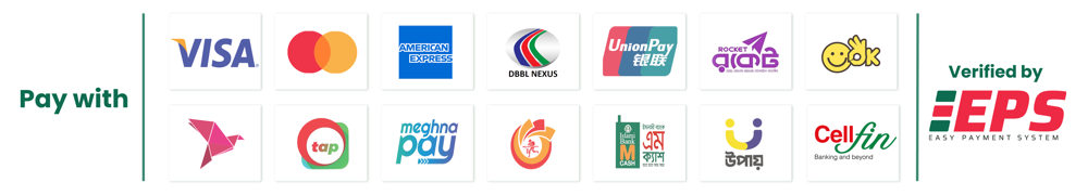 Pay with Visa, Mastercard, American Express, DBBL Nexus, Cellfin, Rocket, bKash, Tap, Meghna Pay, mCash, Upay, OK Wallet — verified by EPS
